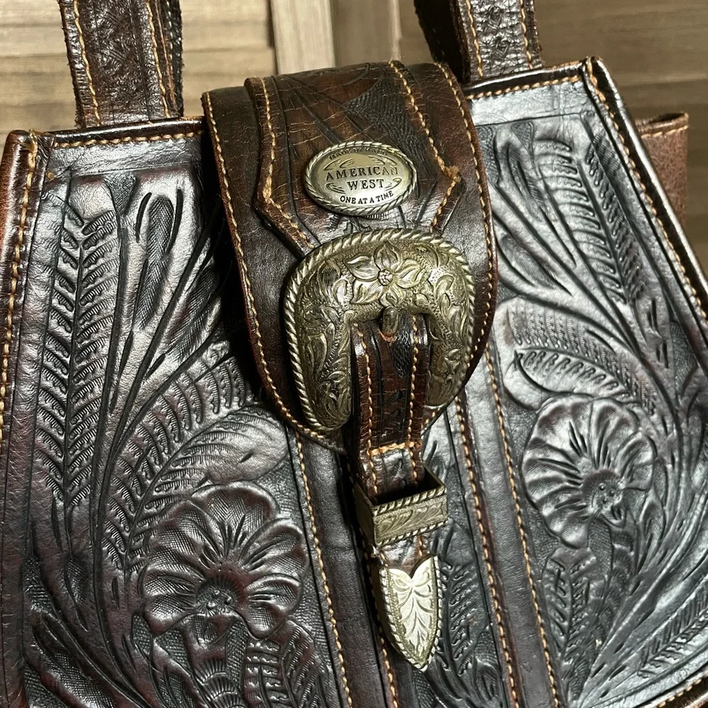 Vintage American West Western Tooled Leather Floral Satchel Tote Handbag Dark - Picture 6 of 10